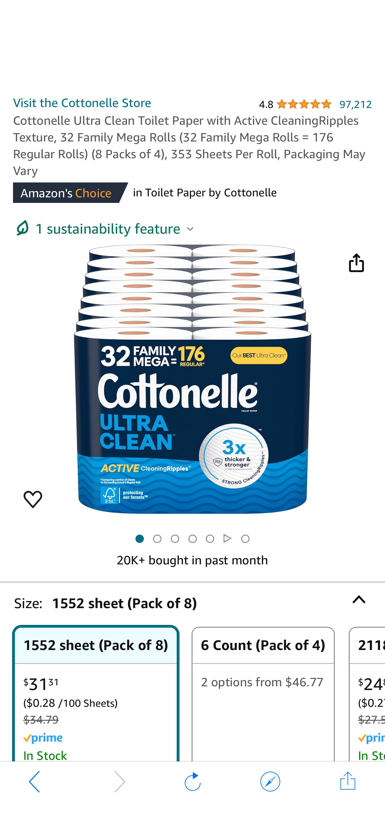 Amazon.com: Cottonelle Ultra Clean Toilet Paper with Active CleaningRipples Texture, 32 Family Mega Rolls (32 Family Mega Rolls = 176 Regular Rolls) (8 Packs of 4), 353 Sheets Per Roll, Packaging May 