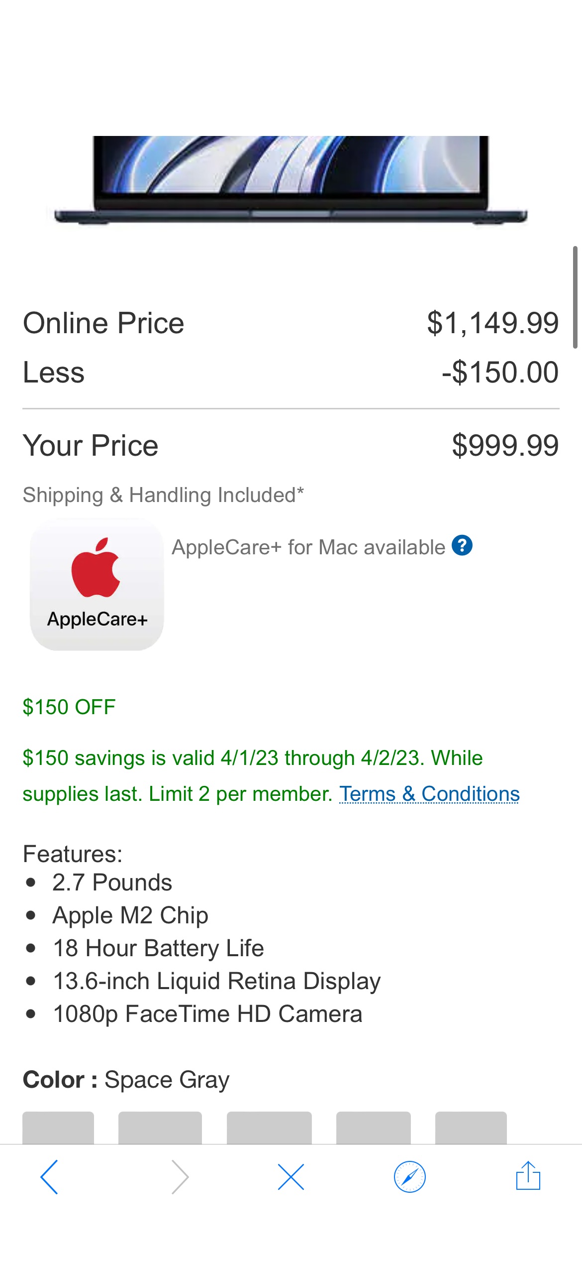 MacBook Air - 13.6" Apple M2 Chip 8-core CPU, 8-core GPU - 256GB SSD (2022) | Costco