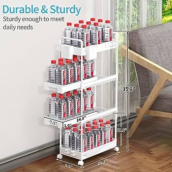 Amazon.com: SPACEKEEPER 4-Tier Rolling Storage Cart, Slide Out Bathroom Organizer Mobile Shelving Unit Laundry Room Storage with Brake Wheels, Hanging Cups, Dividers for Kitchen Bathroom Narrow Spaces