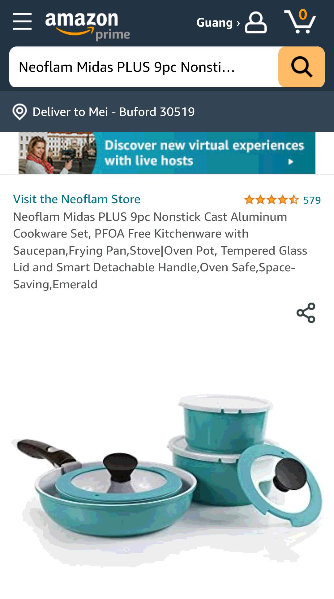 Neoflam Midas PLUS 9pc Nonstick Cast Aluminum Cookware Set, 9件套厨具