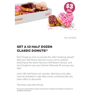$3 Dunkin 情人節心形甜甜圈 半打$3