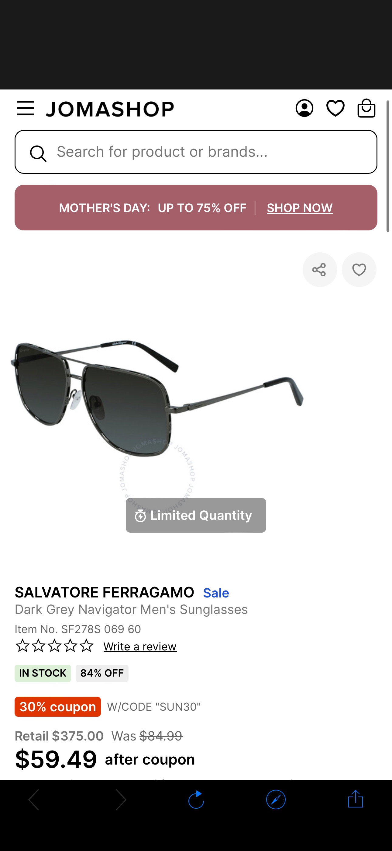 Salvatore Ferragamo Dark Grey Navigator Men's Sunglasses SF278S 069 60 886895511575 - Sunglasses - Jomashop