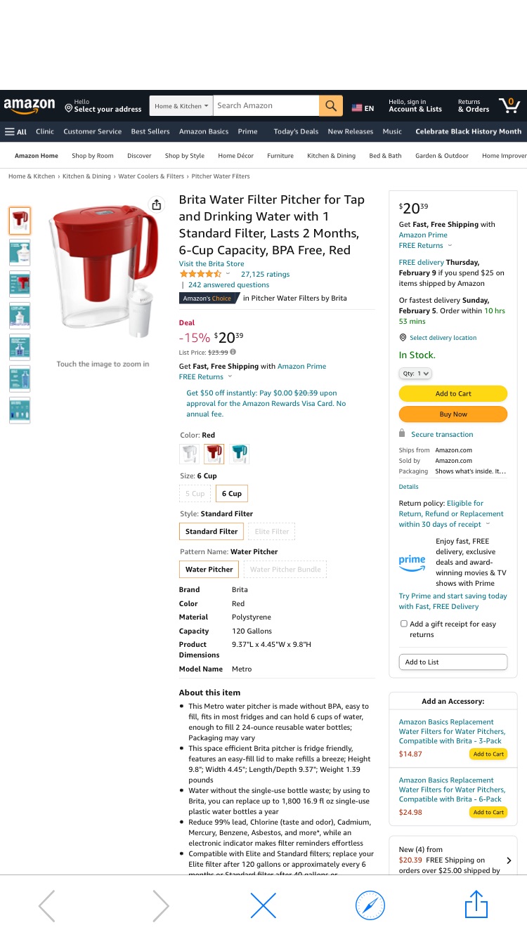Amazon.com: Brita Water Filter Pitcher for Tap and Drinking Water with 1 Standard Filter, Lasts 2 Months, 6-Cup Capacity, BPA Free, Red: Home & Kitchen