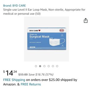 $14.24 Amazon.com: Single-use Level II Ear Loop Mask, Non-sterile, Appropriate for medical or personal use (50): Home Improvement 口罩优惠