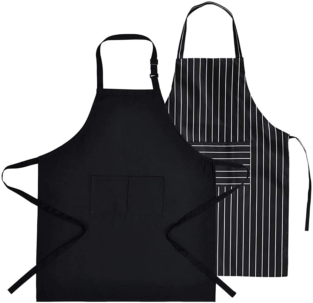 Amazon.com: Adjustable Bib 围裙2个Aprons, Waterproof Oil Stain Resistant Black Chef Cooking Kitchen Aprons with 2 Pockets for Men Women (Black + Black White): Clothing