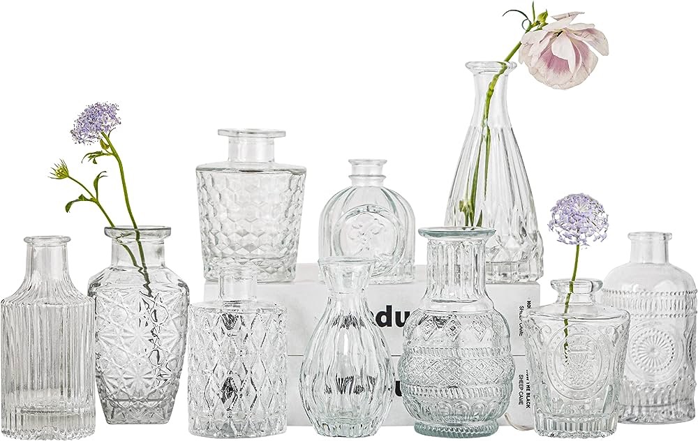 Amazon.com: Glass Bud Vase Set of 10 - Mini Vintage Vases for Wedding Decorations, Home Table Flower Décor, Small Carved Vases for Centerpieces, Entryway : Home & Kitchen