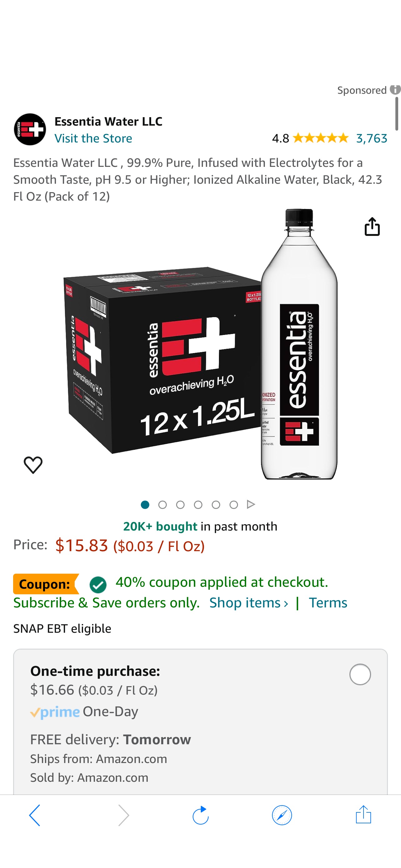 Amazon.com: Essentia Water LLC , 99.9% Pure, Infused with Electrolytes for a Smooth Taste, pH 9.5 or Higher; Ionized Alkaline Water, Black, 42.3 Fl Oz (Pack of 12) 离子水