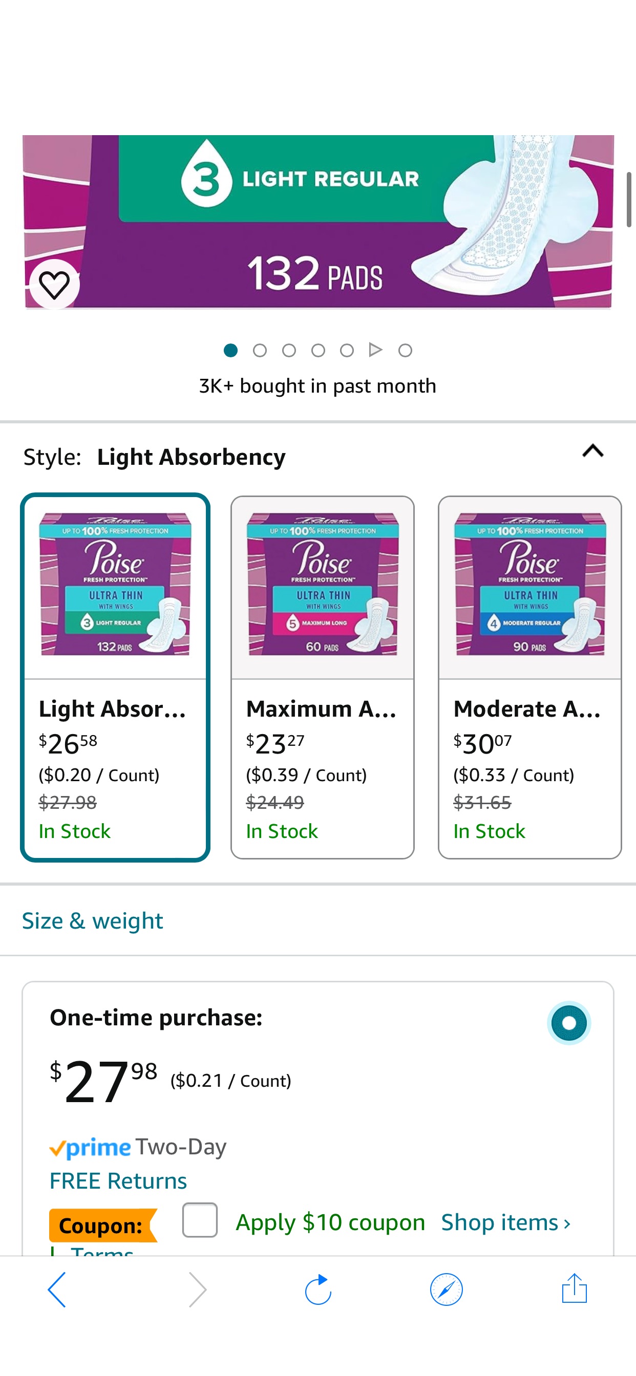 Amazon.com: Poise Ultra Thin Incontinence Pads with Wings & Postpartum Incontinence Pads, 3 Drop Light Absorbency, Regular Length, 132 Count (3 Packs of 44), Packaging May Vary : Health & Household 超薄