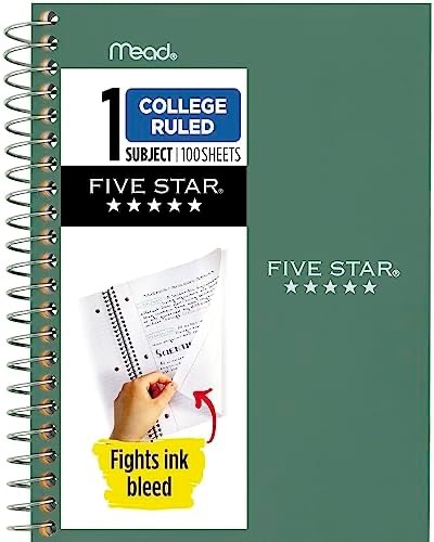 Amazon.com : Five Star Personal Spiral Notebook, 1 Subject, College Ruled Paper, 7" x 4-3/8", Small Size, 100 Sheets, Seaglass Green (450022CH1)