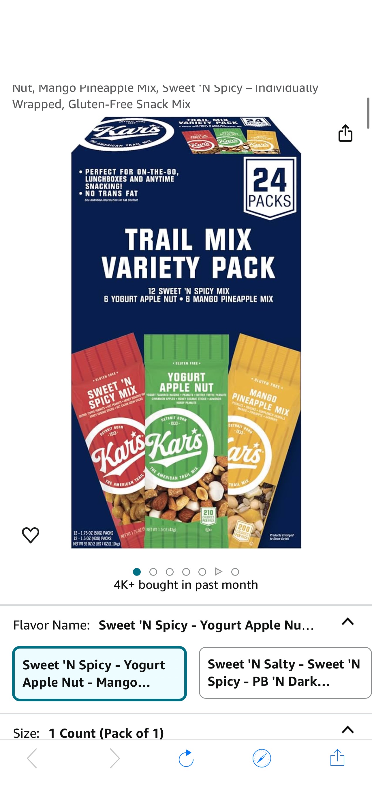 Amazon.com: Kar’s Nuts Trail Mix Variety Pack, Pack of 24 – Yogurt Apple Nut, Mango Pineapple Mix, Sweet ‘N Spicy – Individually Wrapped, Gluten-Free Snack Mix : Grocery & Gourmet Food