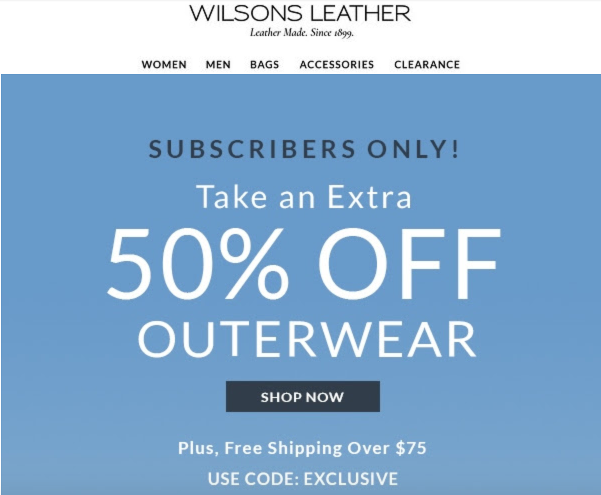 Wilsons leather全场外套5折，其余6折