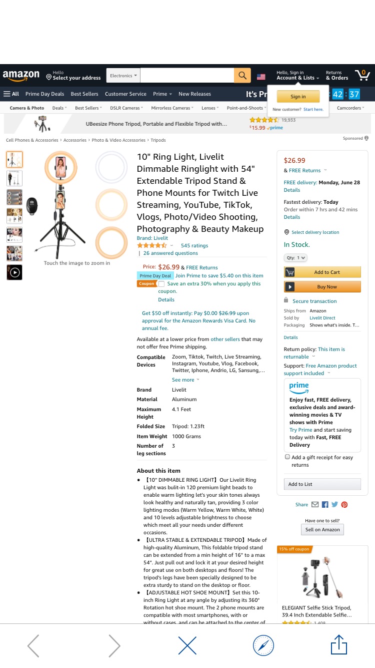 Amazon.com: 10" Ring Light, Livelit Dimmable Ringlight with 54" Extendable Tripod Stand & Phone Mounts for Twitch Live Streaming, YouTube, TikTok, Vlogs, Photo/Video Shooting灯