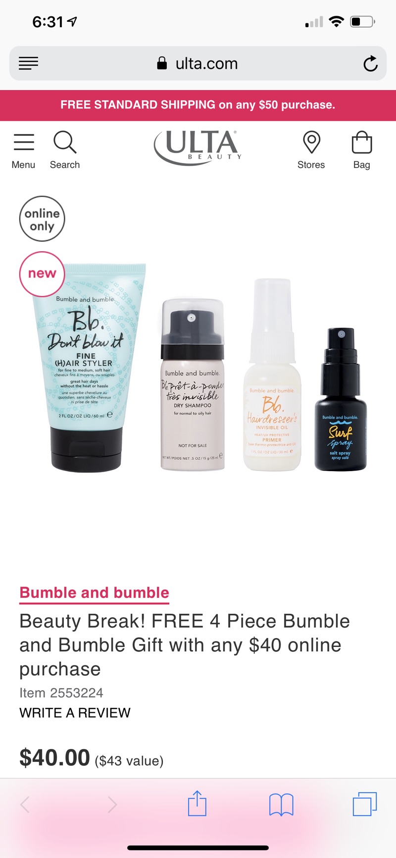 Bumble and bumble Beauty Break! FREE 4 Piece Bumble and Bumble Gift with any $40 online purchase | Ulta Beauty 满40送4件套，价值$43