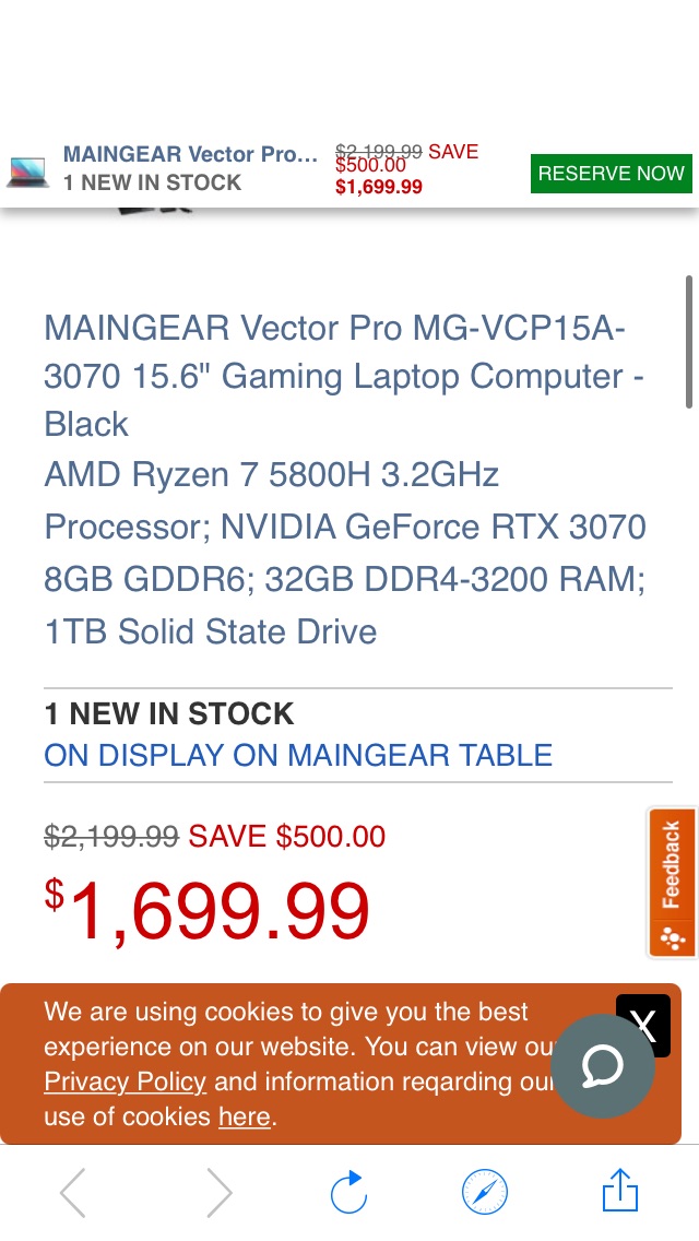 MAINGEAR Vector Pro 游戏本MG-VCP15A-3070 15.6" Gaming Laptop Computer - Black; AMD Ryzen 7 5800H 3.2GHz Processor; NVIDIA - Micro Center
