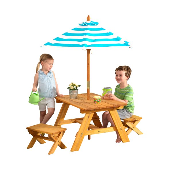 Outdoor Wooden Table & Bench Set, Striped Umbrella