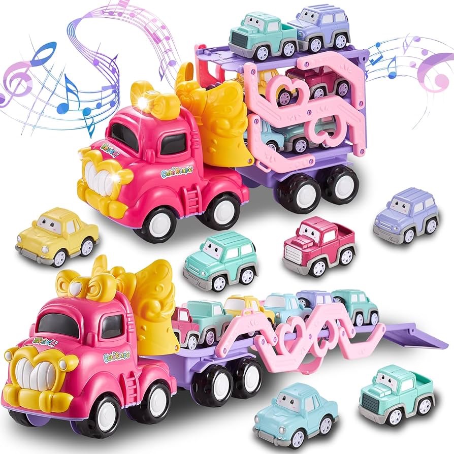 Amazon.com: Sciencow Toddler Car Toys for 1 2 3 4 5 Year Old Girl | 7-in-1 Pink Princess Foldable Transport Carrier Trucks for Baby | Lights & Music | 3 Layer Transformable Carriage Set | (Bowknot) : 