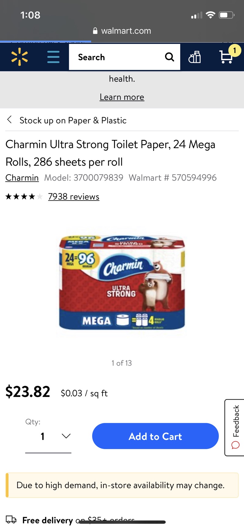 厕纸补货了！快抢！！！Charmin Ultra Strong Toilet Paper, 24 Mega Rolls, 286 sheets per roll - Walmart.com - Walmart.com