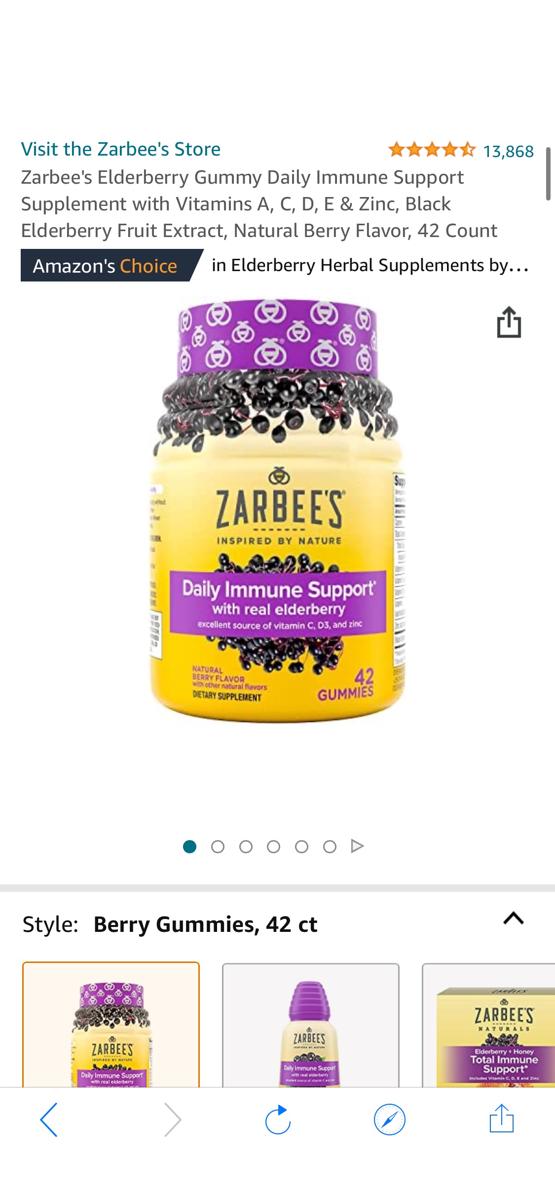 Amazon.com: Zarbee's Elderberry Gummy Daily Immune Support Supplement with Vitamins A, C, D, E & Zinc, Black Elderberry Fruit Extract, Natural Berry Flavor, 42 Count维生素软糖