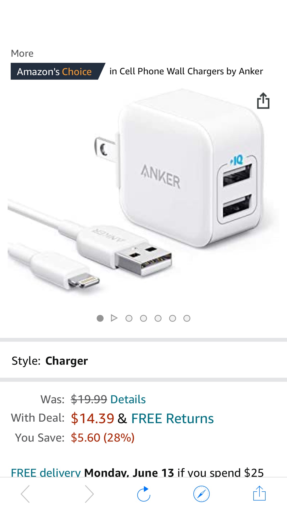 iPhone Charger, Anker PowerPort III 2-Port 12W USB Wall Charger with 3ft MFi Certified Lightning Cable, Foldable Plug, 插头