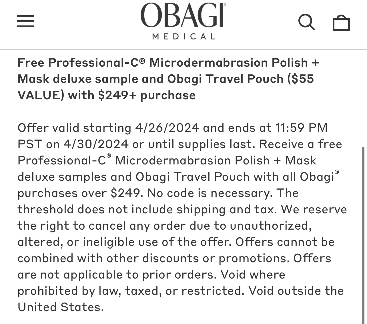 Obagi 满$249送 Professional-C Microdermabrasion Polish + Mask deluxe sample and Obagi Travel Pouch 价值$55