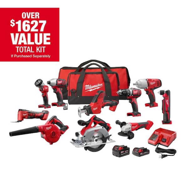 Milwaukee M18 18V Lithium-Ion Cordless Combo Kit (10-Tool) with (2) Batteries, Charger and Tool Bag 2695-10CXH - The Home Depot 无绳电动工具套装10件套+2电池