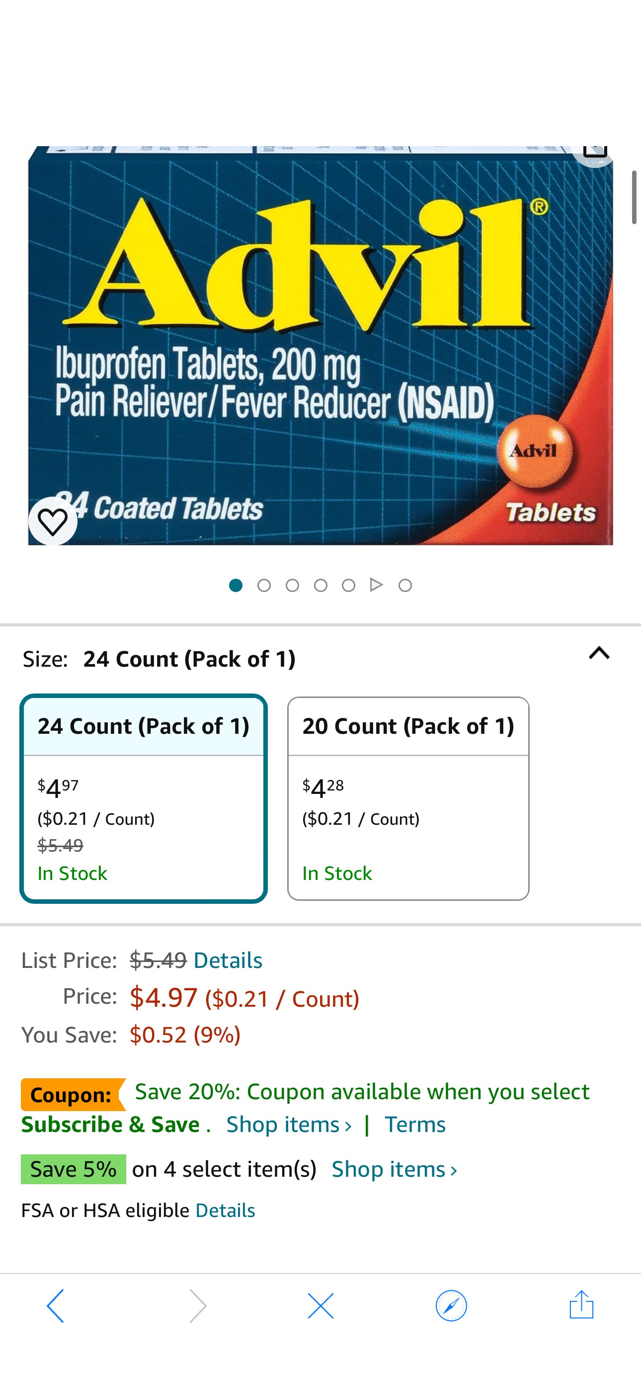 Amazon.com: Advil Pain Reliever and Fever Reducer, Ibuprofen 200mg for Pain Relief - 24 Coated Tablets : Health & Household省20%off
