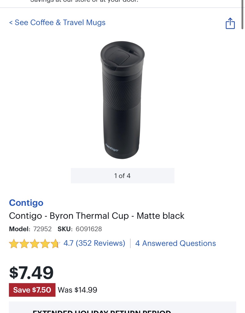 Contigo Byron Thermal Cup Matte black 72952 - Best Buy 保温杯特价