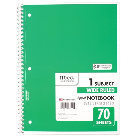 MeadMead Spiral Notebook, 1 Subject, Wide Ruled, 70 Sheets, Assorted