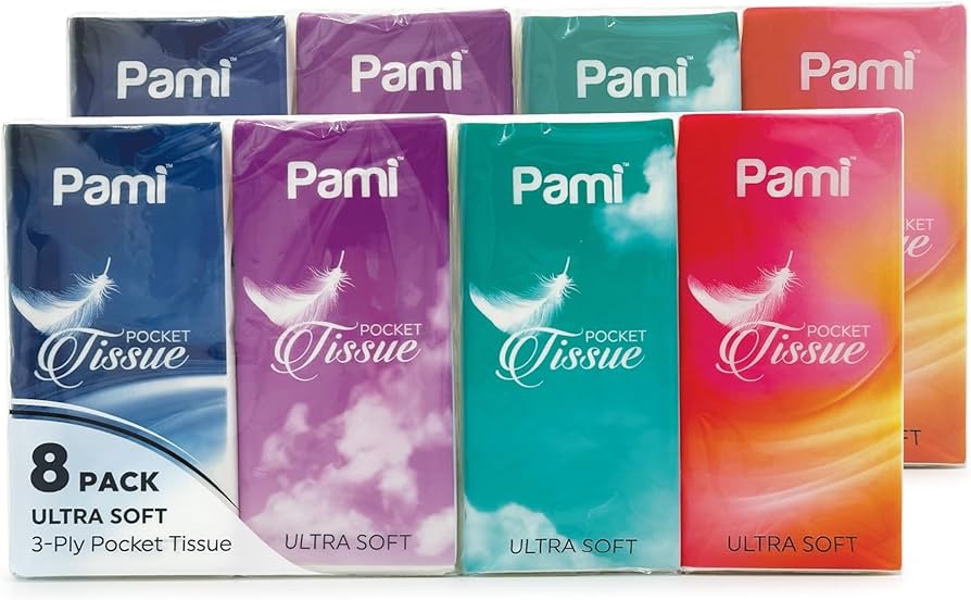 Amazon.com: PAMI Ultra-Soft Pocket Tissues [8 Packs x 10 Tissues Per Pack] - 3-Ply Travel Tissue Packs For Kids & Adults- Paper Facial Tissues For Purse, Pocket, Car- Strong & Absorbent Paper Handkerc