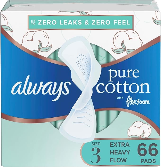 Amazon.com：女士 Always Pure Cotton Feminine Pads，尺寸3，超重流量，带翅膀，无香味，不含染料、香料和氯漂白，22个x 3包（共66个）：