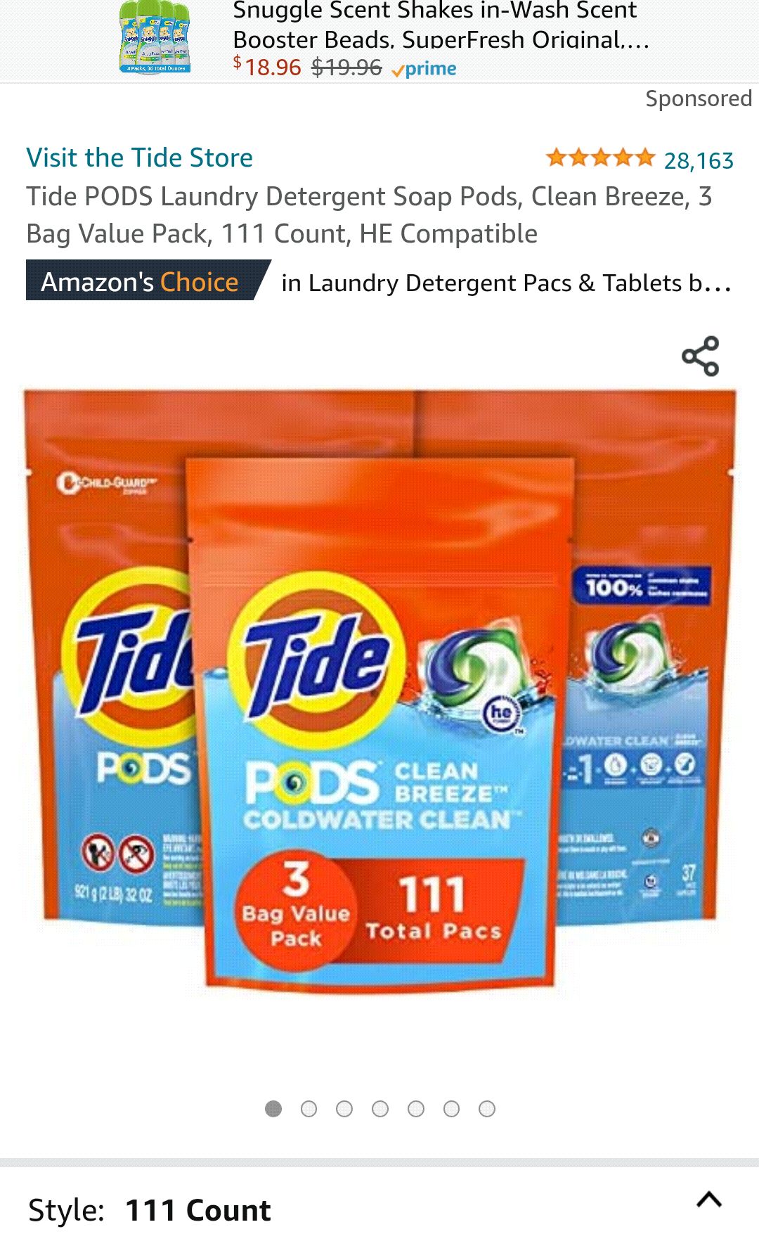 Tide PODS Laundry Detergent Soap Pods, Clean Breeze, 3 Bag Value Pack, 111 Count, HE Compatible 洗衣球111颗