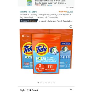 $20.18 Tide PODS Laundry Detergent Soap Pods, Clean Breeze, 3 Bag Value Pack, 111 Count, HE Compatible 洗衣球111颗