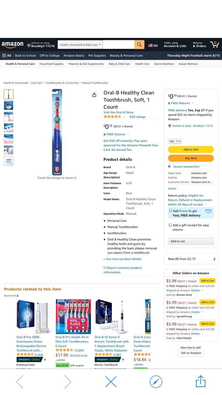 Amazon.com: Oral-B Healthy Clean Toothbrush, Soft, 1 Count : Health & Household牙刷