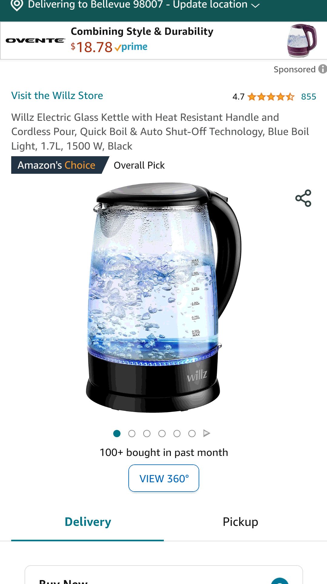Willz Electric Glass Kettle with Heat Resistant Handle and Cordless Pour, Quick Boil & Auto Shut-Off Technology, Blue Boil Light, 1.7L, 1500 W, Black: Home & Kitchen