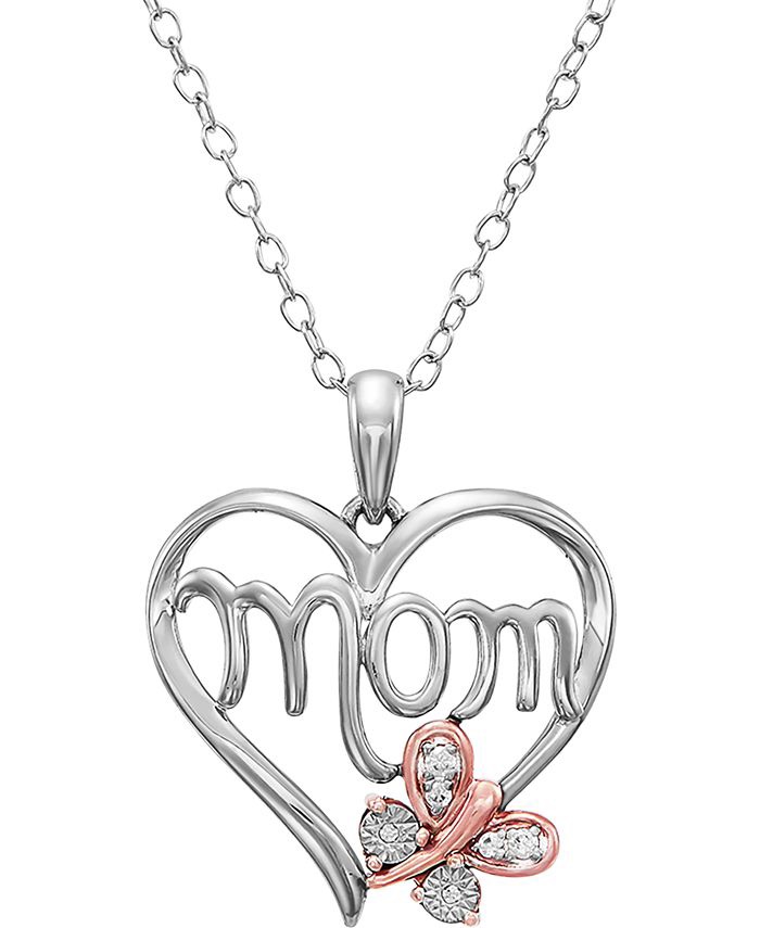 钻石项链，超棒的母亲节礼物Macy's Diamond Butterfly Mom 18" Pendant Necklace (1/20 ct. t.w.) in Sterling Silver & 14k Rose Gold Over Sterling Silver & Reviews - Necklaces - Jewelry & Watches - Macy's
