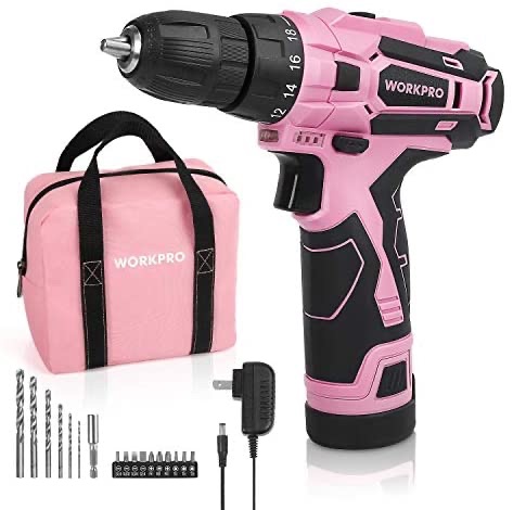 WORKPRO Pink Cordless Drill Driver Set, 12V Electric Screwdriver Driver Tool Kit for Women粉色电钻套装