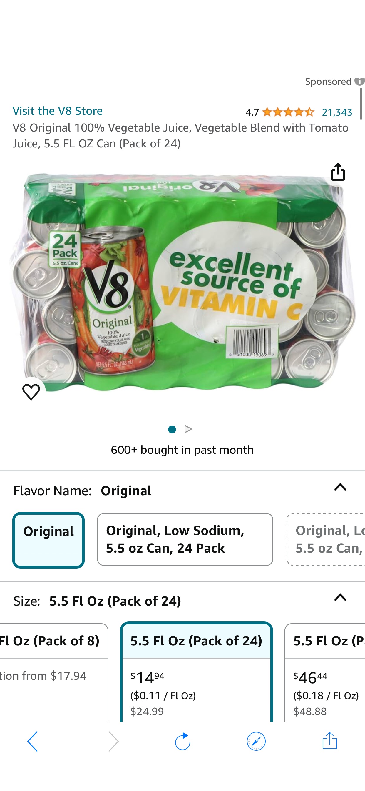 Amazon.com : V8 Original 100% Vegetable Juice, Vegetable Blend with Tomato Juice, 5.5 FL OZ Can (Pack of 24) : Grocery & Gourmet Food 蔬菜汁24瓶