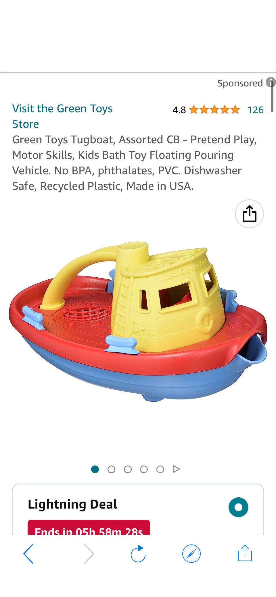 Amazon.com: Green Toys Tugboat, Assorted CB - Pretend Play, Motor Skills, Kids Bath Toy Floating Pouring Vehicle. No BPA,原价14.99