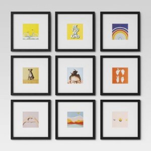 Set of 9 Gallery Frame Set 10" x 10" Matted to 5" x 5" Black
