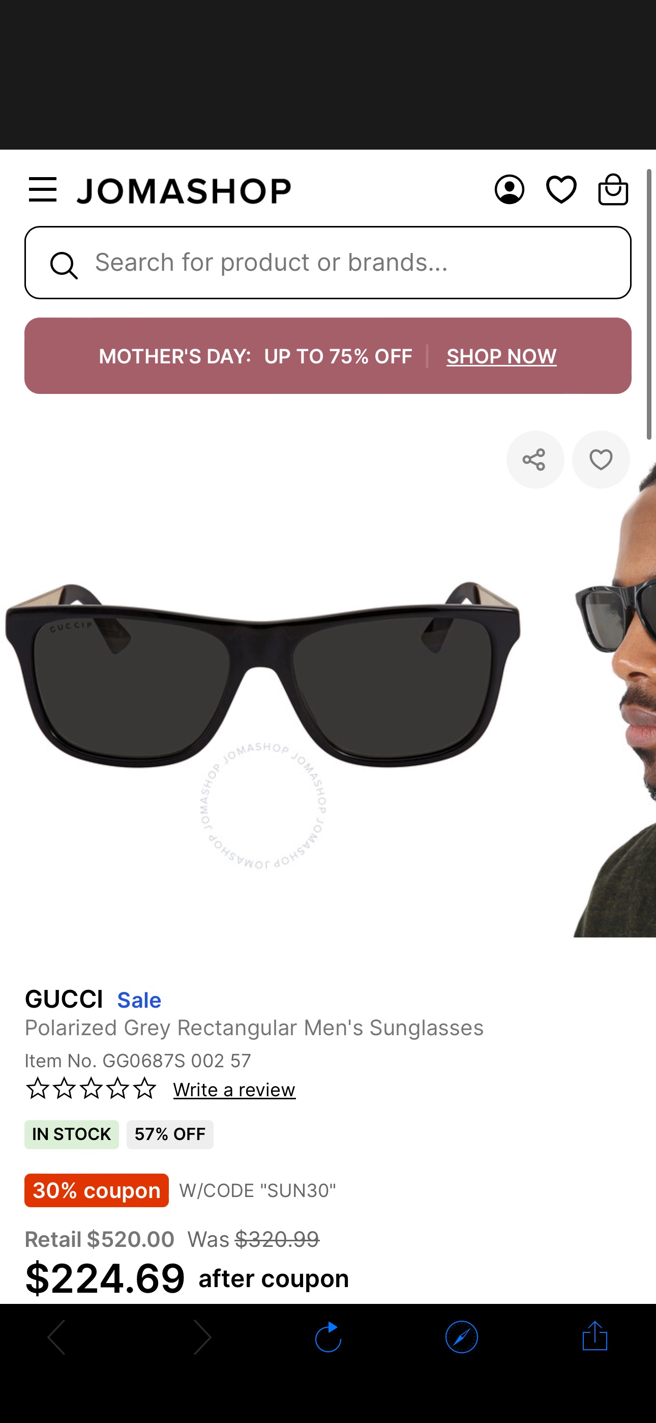 Gucci Polarized Grey Rectangular Men's Sunglasses GG0687S 002 57 889652277776 - Sunglasses - Jomashop
