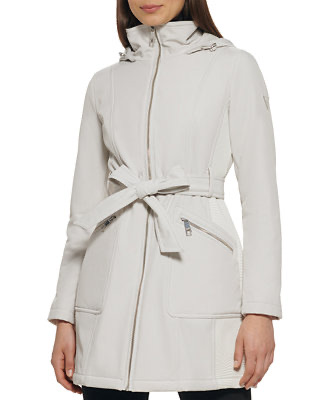 GUESS Women's Hooded Zip-Front Belted Softshell Raincoat - Macy's