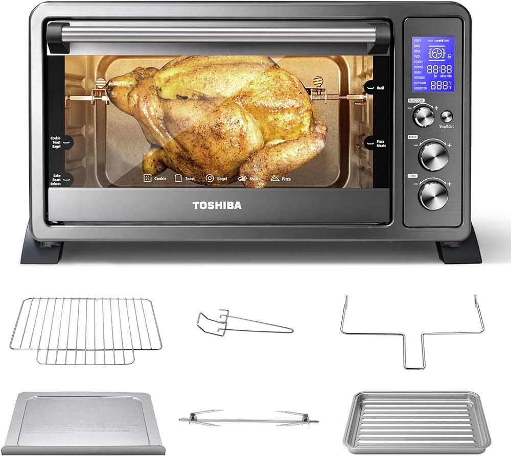 Amazon.com: 东芝 AC25CEW-BS 大型 6 片对流烤面包机台面烤箱，10 合一，带烤面包、披萨和烤肉架，1500W，黑色不锈钢，包括 6 个配件：