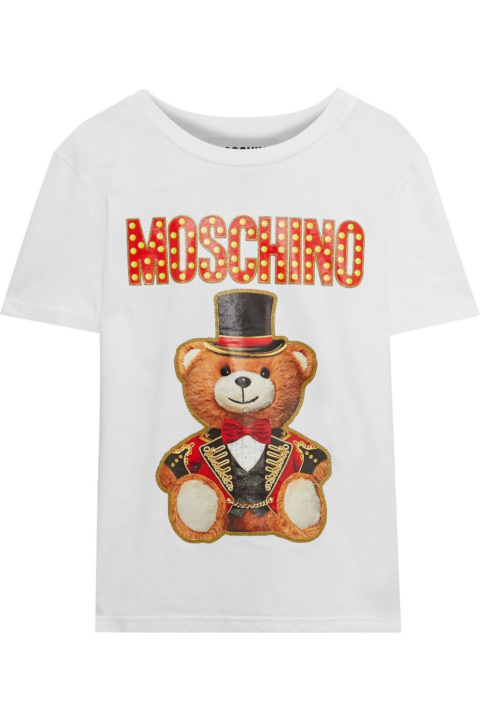 White Glittered printed cotton-jersey T-shirt | MOSCHINO | Sale up to 70% off | THE OUTNET | MOSCHINO |经典小熊T