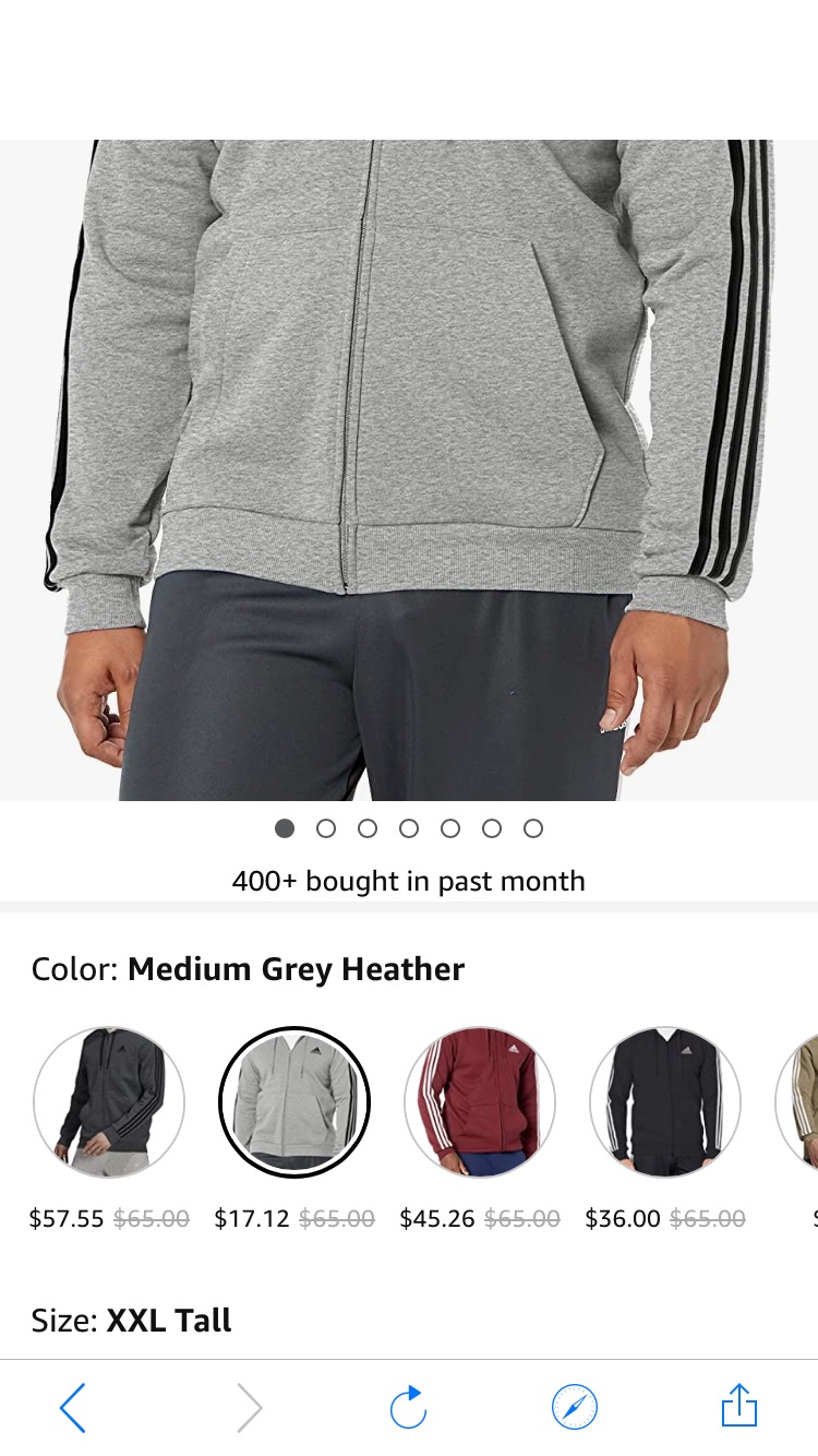 adidas Men's Size Essentials Fleece 3-Stripes Full-Zip Hoodie, Medium Grey Heather, XX-Large/Tall 运动开衫