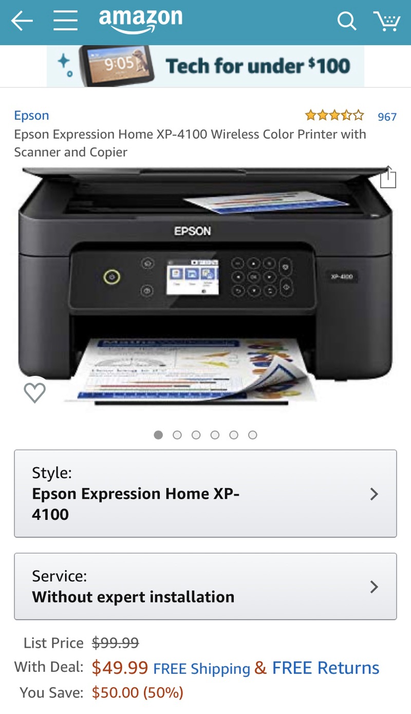 Amazon.com: Epson Expression Home XP-4100 Wireless Color Printer with Scanner and Copier: Electronics 打印机半价啦