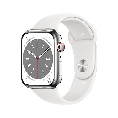 Amazon.com: Apple Watch Series 8 [GPS + Cellular 45mm] Smart Watch w/Silver Stainless Steel Case with White Sport Band - M/L. 智能手表