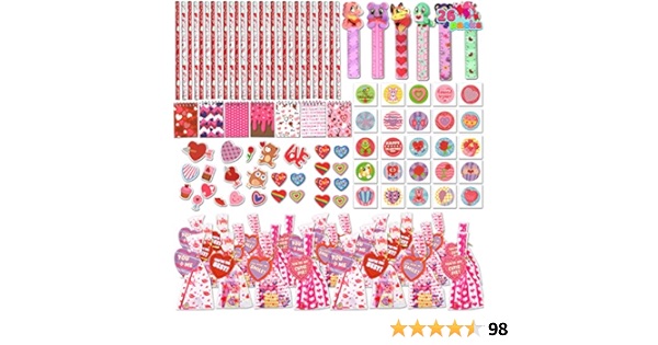 26 Pack Valentine Party Favors Set, DIY Goody Bags with 156 Pcs Valentine Themed Toys Include Pencil, Ruler,Eraser,Sticker, Notebook for for Kids Valentine Classroom Gift Exchange, Party Game Prizes