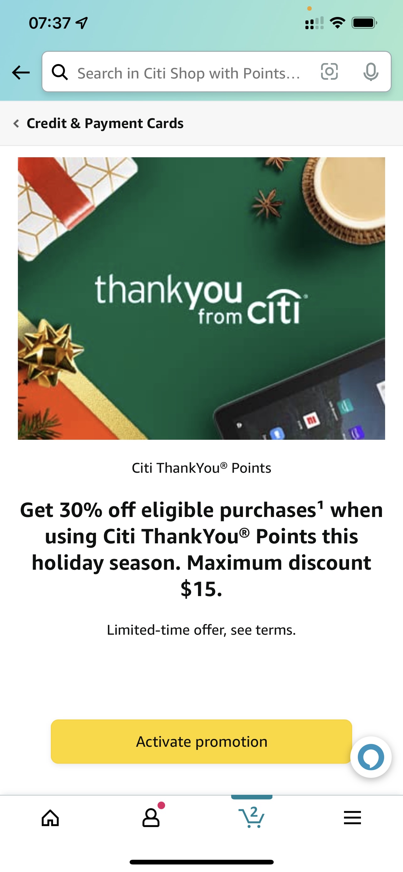 部分Citi卡用户结账7折，上限折扣$15