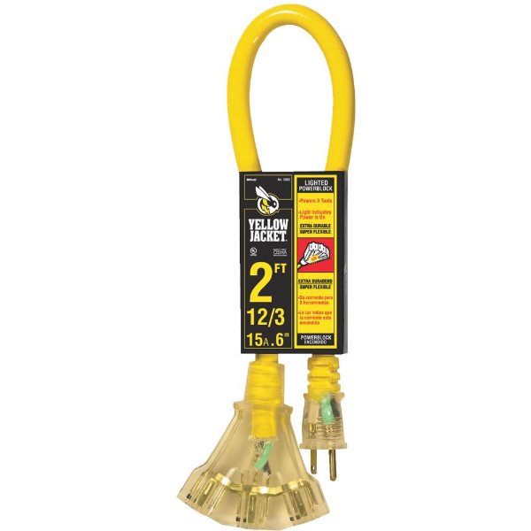 Yellow Jacket 2' Yellow SJTW Heavy-Duty Contractor Extension Cord with Lighted Power Block