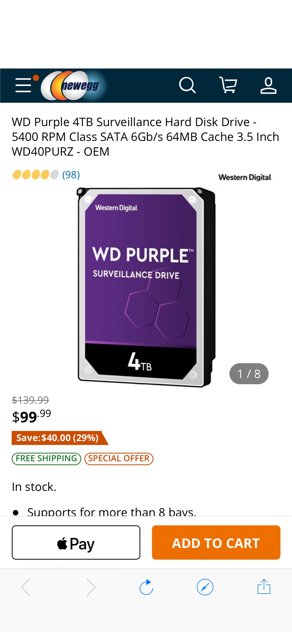 WD Purple 4TB Surveillance Hard Disk Drive - 5400 RPM Class SATA 6Gb/s 64MB Cache 3.5 Inch WD40PURZ - Newegg.com硬盘